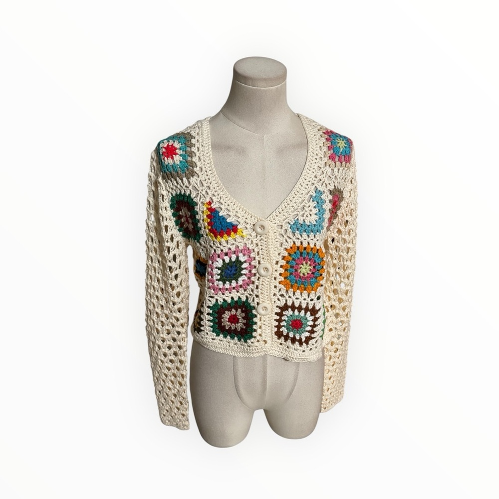COTTAGECORE Granny Squares Colorful Crochet Sweater Cardigan S Afghan Blanket - Picture 2 of 7